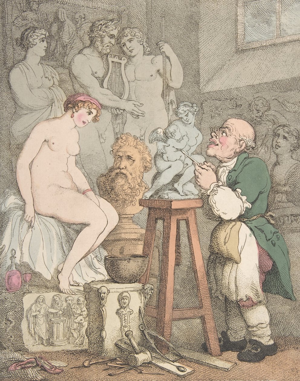 O Escultor [Preparativos para a Academia, Velho Joseph Nollekens e sua Vênus], ca. 1800., ca. 1800 de Thomas Rowlandson
