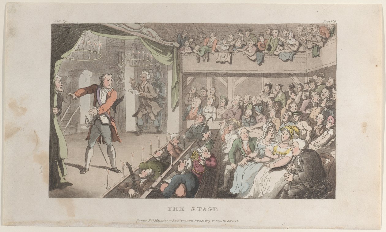 O palco. George Primrose como Horatio, de The Vicar of Wakefield, 1º de maio de 1817., 1º de maio de 1817. de Thomas Rowlandson