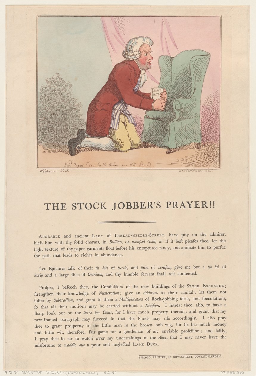 A Oração do Stock Jobber!!, 1º de agosto de 1801., 1º de agosto de 1801. de Thomas Rowlandson