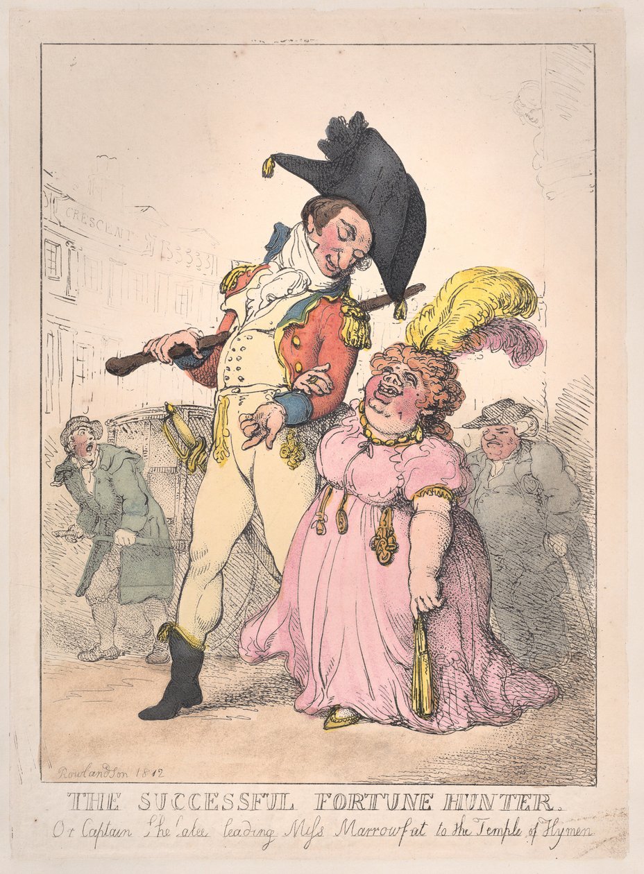The Successful Fortune Hunter, ou Captain Shelalee Leading Miss Marrowfat..., [1802], reeditado em 1812. de Thomas Rowlandson