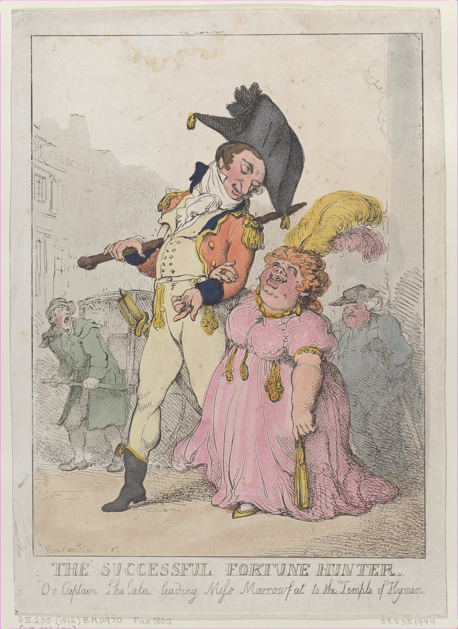 The Successful Fortune Hunter, ou Capitão Shelalee Leading Miss Marrowfat..., [1802], reeditado em 1812. de Thomas Rowlandson