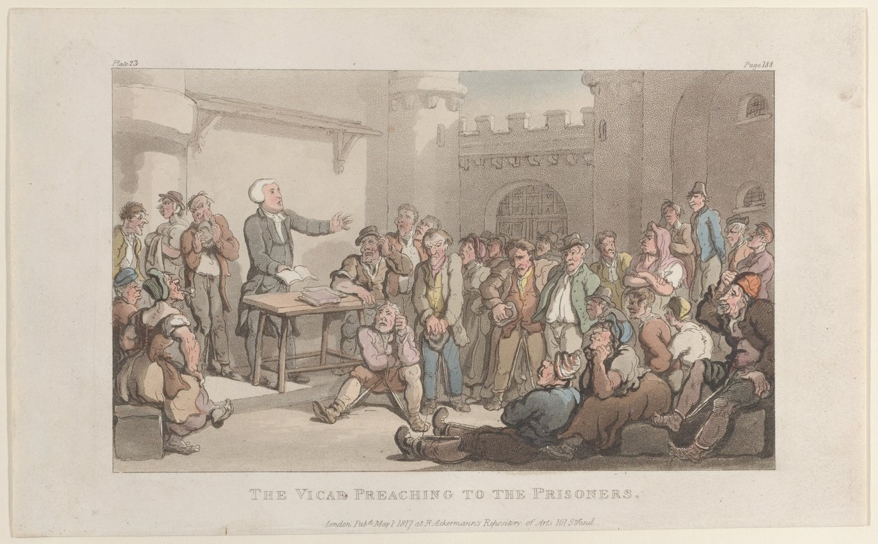 O Vigário Pregando aos Prisioneiros, de The Vicar of Wakefield, 1º de maio de 1817., 1º de maio de 1817. de Thomas Rowlandson