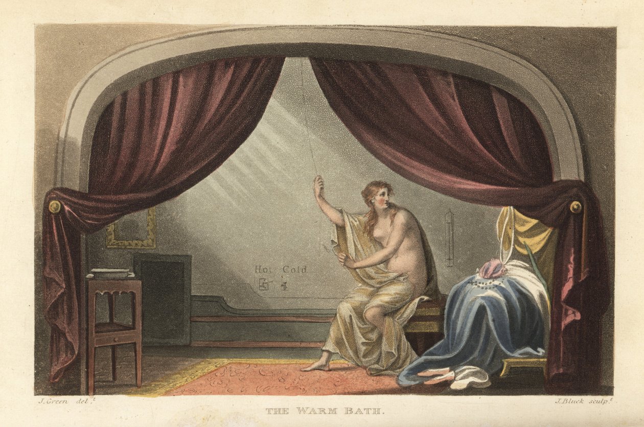 O Banho Quente: mulher nua tomando banho atrás de cortinas em uma sala de Regency. Disse ser um retrato de Mary Robinson, dona do Rei George IV. Gravura em chapa de cobre colorida à mão de Thomas Rowlandson, aquatint de J. Bluck, depois de um esboço de J.  de Thomas Rowlandson
