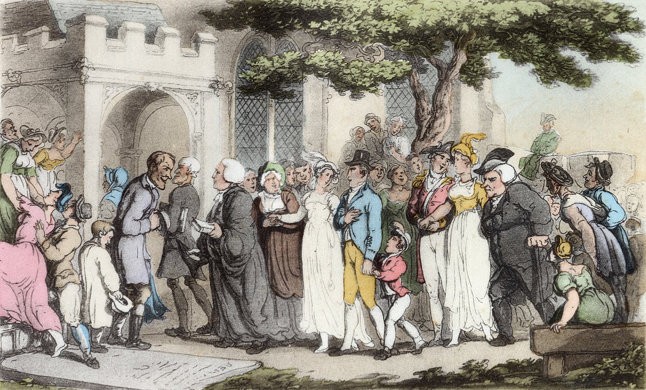 Os casamentos, ilustração de "O Vigário de Wakefield" por Oliver Goldsmith, pub. Ackermann, 1817 (aquatinta colorida à mão) de Thomas Rowlandson