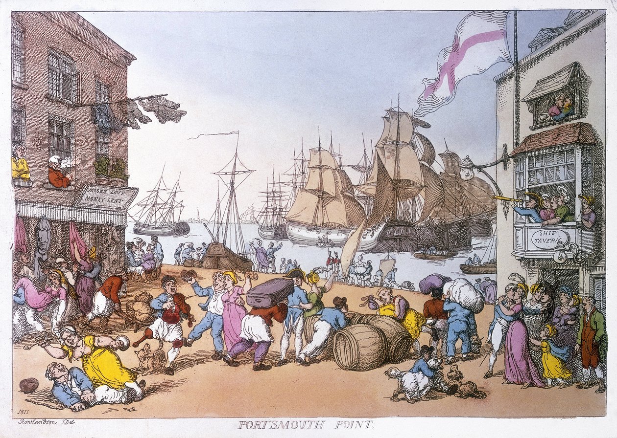 O distrito de Portsmouth, cartoon que descreve as actividades deste porto inglês de Thomas Rowlandson