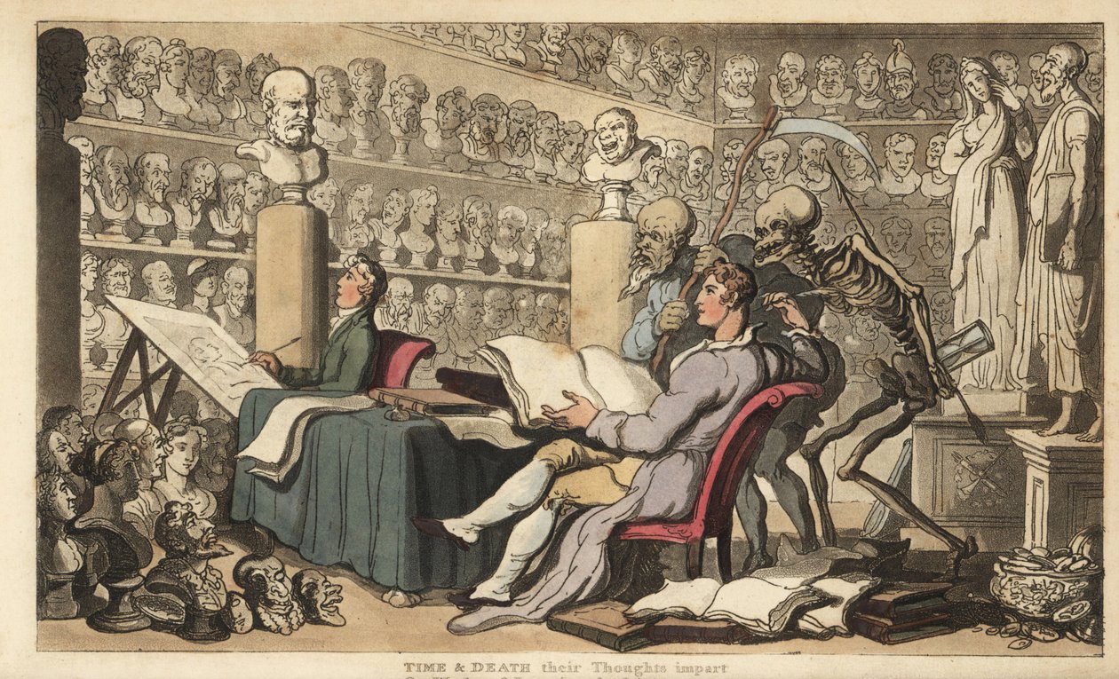 As figuras do Tempo com uma foice e da Morte com sua lança e ampulheta ficam atrás de um artista com uma pena desenhada em um atelier cheio de bustos e esculturas clássicas. Placa de cobre colorida à mão desenhada e gravada por Thomas Rowlandson de The Eng de Thomas Rowlandson