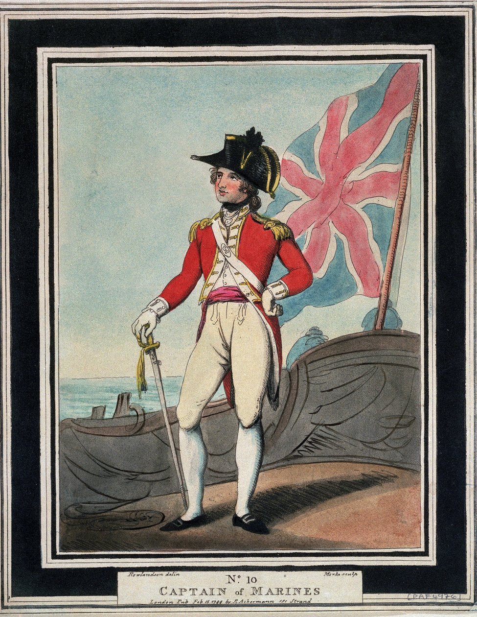O capitão naval, na Marinha Real, no século XVIII. Gravura a cores de Thomas Rowlandson