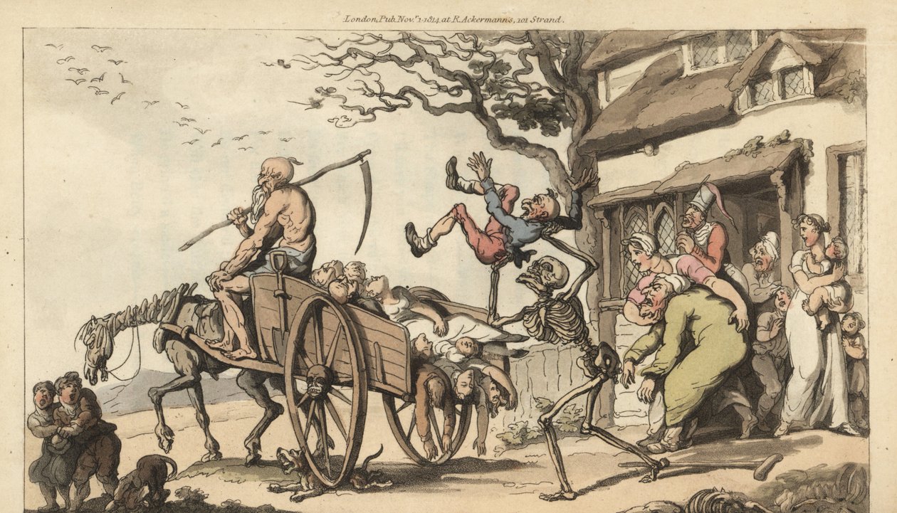 O esqueleto da Morte e do velho O tempo veio para levar o velho marido do Goody Barton, mas o carrinho já está muito cheio de cadáveres. Placa de cobre colorida à mão desenhada e gravada por Thomas Rowlandson de The English Dance of Death, Ackermann, Londr de Thomas Rowlandson
