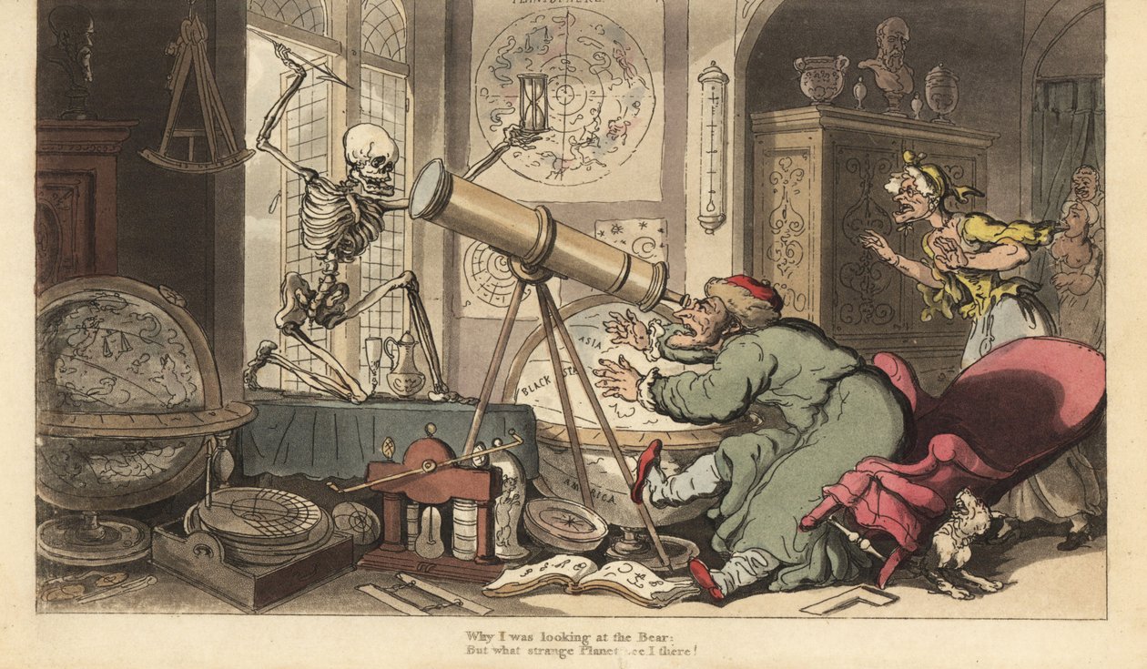 O esqueleto da Morte aparece diante do telescópio do velho astrônomo, fazendo-o cair de sua cadeira. Placa de cobre colorida à mão desenhada e gravada por Thomas Rowlandson de The English Dance of Death, Ackermann, Londres de Thomas Rowlandson
