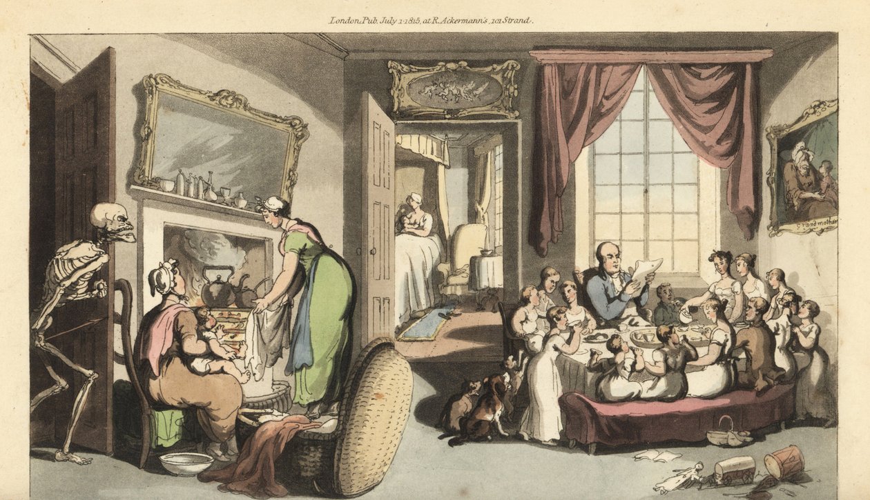 O esqueleto da Morte aparece na sala de estar de uma grande família para levar uma criança ou um recém-nascido. Placa de cobre colorida à mão desenhada e gravada por Thomas Rowlandson de The English Dance of Death, Ackermann, Londres de Thomas Rowlandson