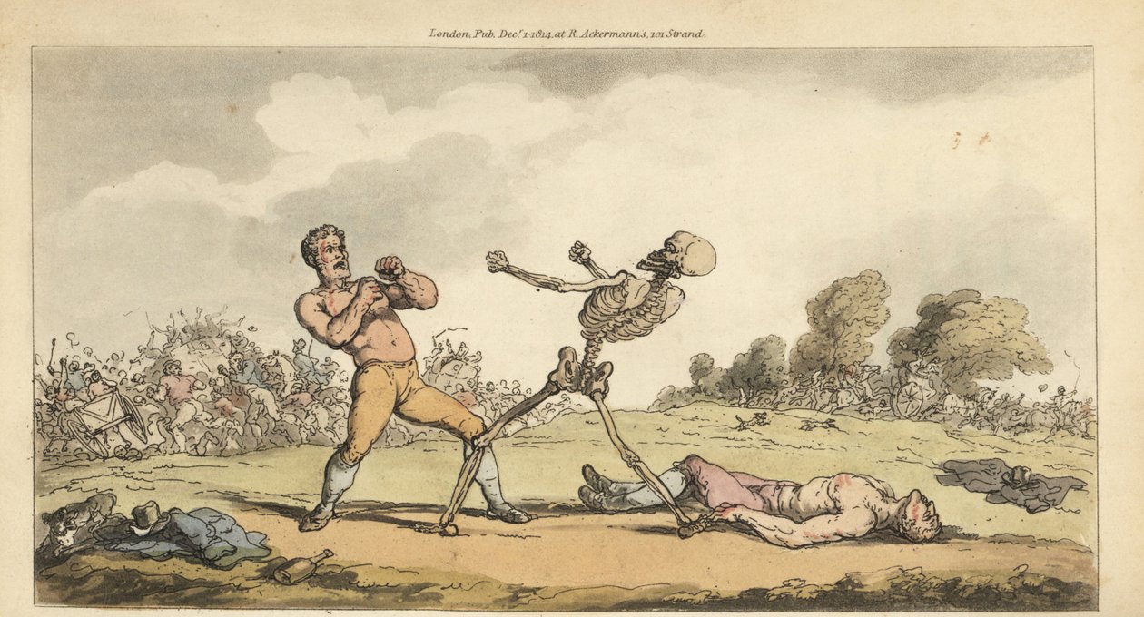 O esqueleto das Caixas da Morte com um lutador sem camisa, enquanto outro pugilista está no chão e a multidão foge aterrorizada. Placa de cobre colorida à mão desenhada e gravada por Thomas Rowlandson de The English Dance of Death, Ackermann, Londres. de Thomas Rowlandson