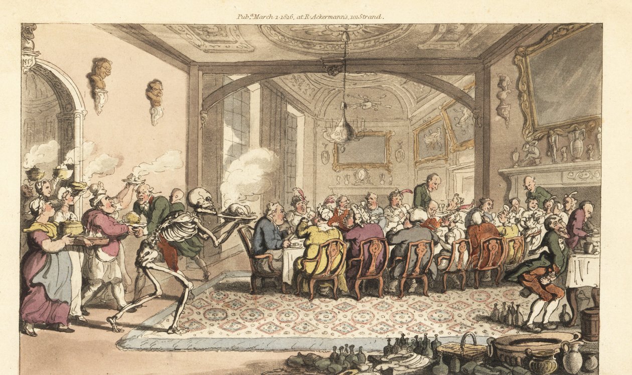 O esqueleto da Morte traz um prato de Dainty Dainty fatal para um banquete guloso num grande salão. Placa de cobre colorida à mão desenhada e gravada por Thomas Rowlandson de The English Dance of Death, Ackermann, Londres de Thomas Rowlandson