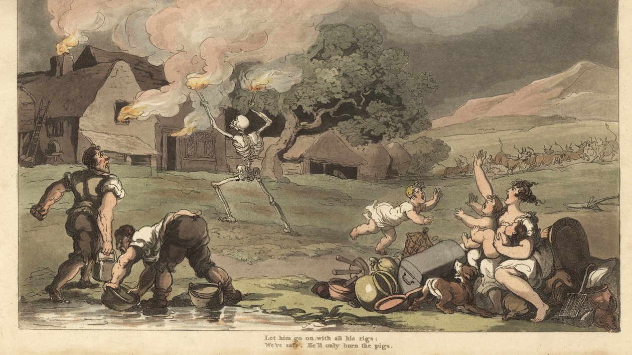 O esqueleto da Morte queima uma casa com tochas enquanto uma família tenta salvar os seus tesouros e apagar o fogo com baldes de água da lagoa. Placa de cobre colorida à mão desenhada e gravada por Thomas Rowlandson de The English Dance of Death, Ackerm de Thomas Rowlandson