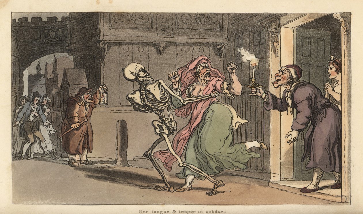 O esqueleto da Morte transporta um Virago de uma casa enquanto um guarda-noturno com lanterna olha. Placa de cobre colorida à mão desenhada e gravada por Thomas Rowlandson de The English Dance of Death, Ackermann, Londres de Thomas Rowlandson