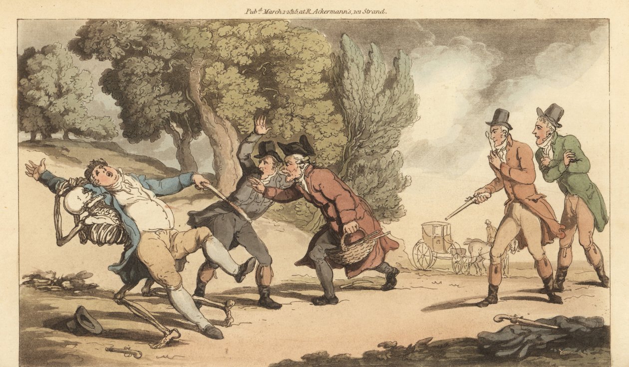 O esqueleto da Morte transporta um homem ferido antes que o médico o possa esperar depois de um duelo fatal com pistolas num parque. Placa de cobre colorida à mão desenhada e gravada por Thomas Rowlandson de The English Dance of Death, Ackermann, Londres de Thomas Rowlandson