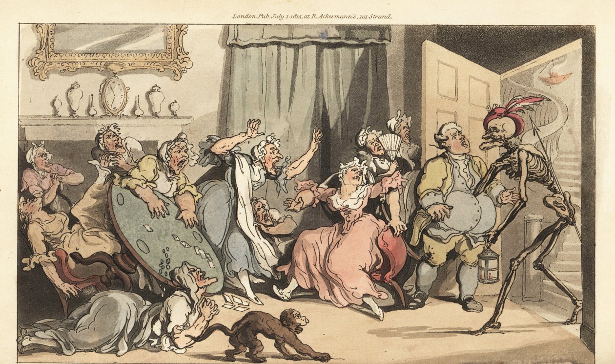 O esqueleto da Morte vem para a Srta. Mustard, uma das senhoras solteiras jogando cartas em uma sala. Placa de cobre colorida à mão desenhada e gravada por Thomas Rowlandson de The English Dance of Death, Ackermann, Londres. de Thomas Rowlandson