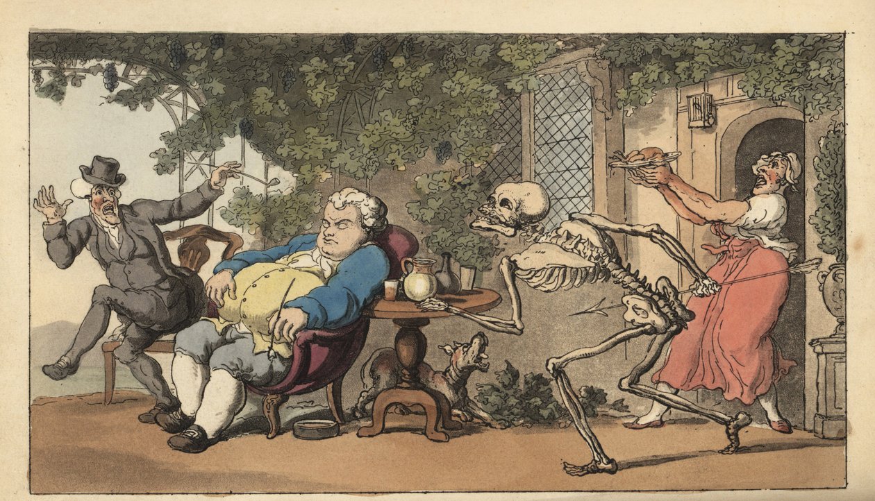O esqueleto da Morte vem para Tom Higgins, um pedreiro que expirou à espera de um prato à porta de uma estalagem. Placa de cobre colorida à mão desenhada e gravada por Thomas Rowlandson de The English Dance of Death, Ackermann, Londres de Thomas Rowlandson