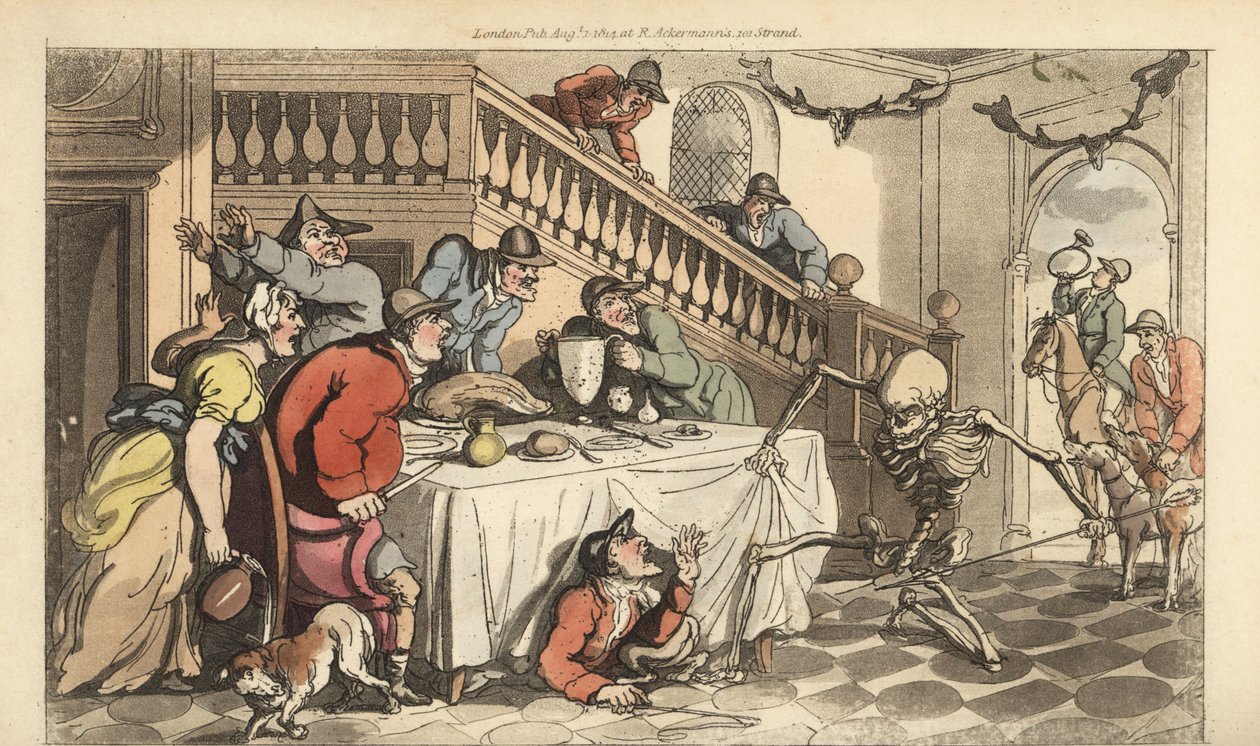 O esqueleto da Morte vem para um Caçador enquanto ele se esconde debaixo de uma mesa depois de uma caça à raposa. Placa de cobre colorida à mão desenhada e gravada por Thomas Rowlandson de The English Dance of Death, Ackermann, Londres de Thomas Rowlandson