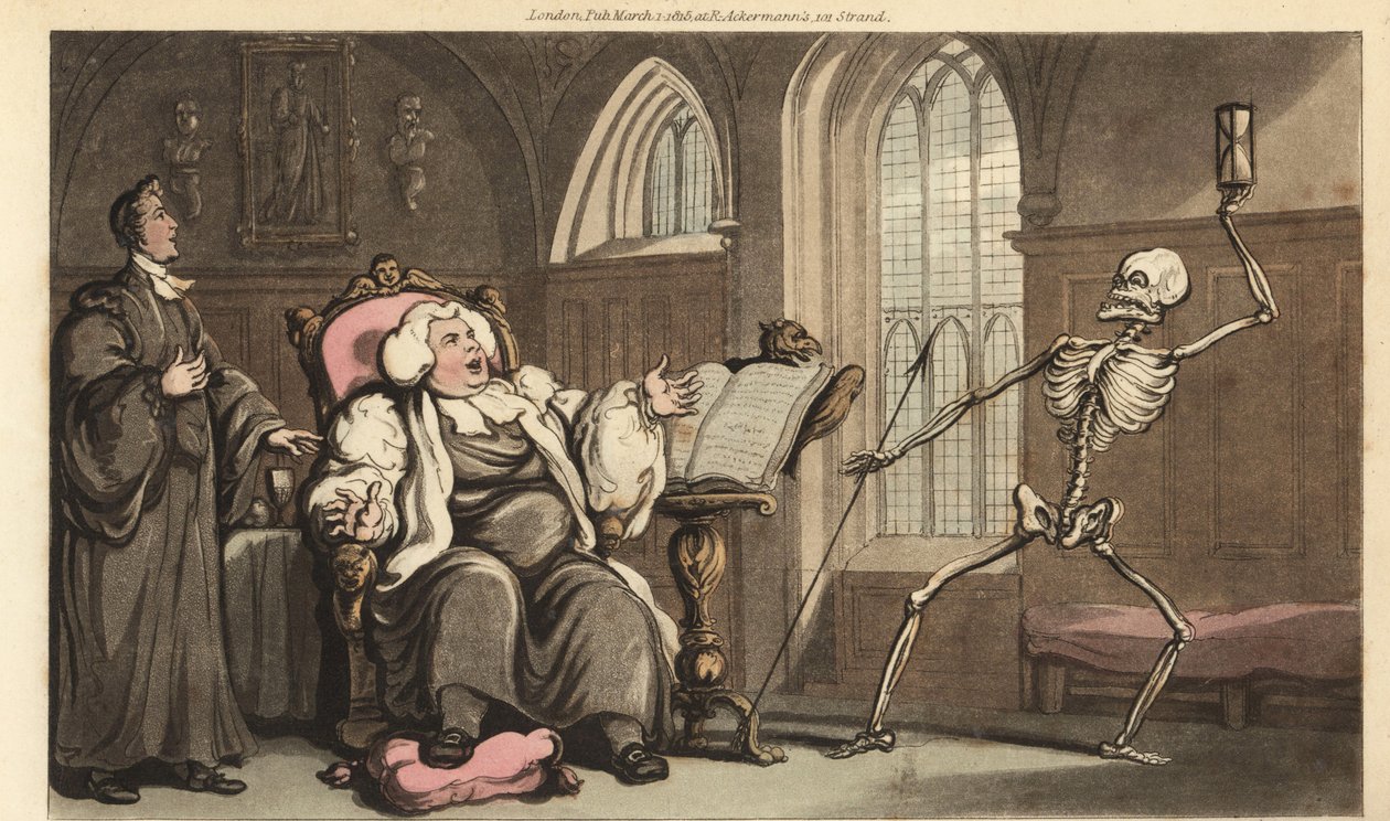 O esqueleto da Morte vem para o Bispo na abadia, enquanto ele lê a Bíblia em um estrado e descansa seu pé goivado sobre uma almofada. Placa de cobre colorida à mão desenhada e gravada por Thomas Rowlandson de The English Dance of Death, Ackermann, Londres de Thomas Rowlandson