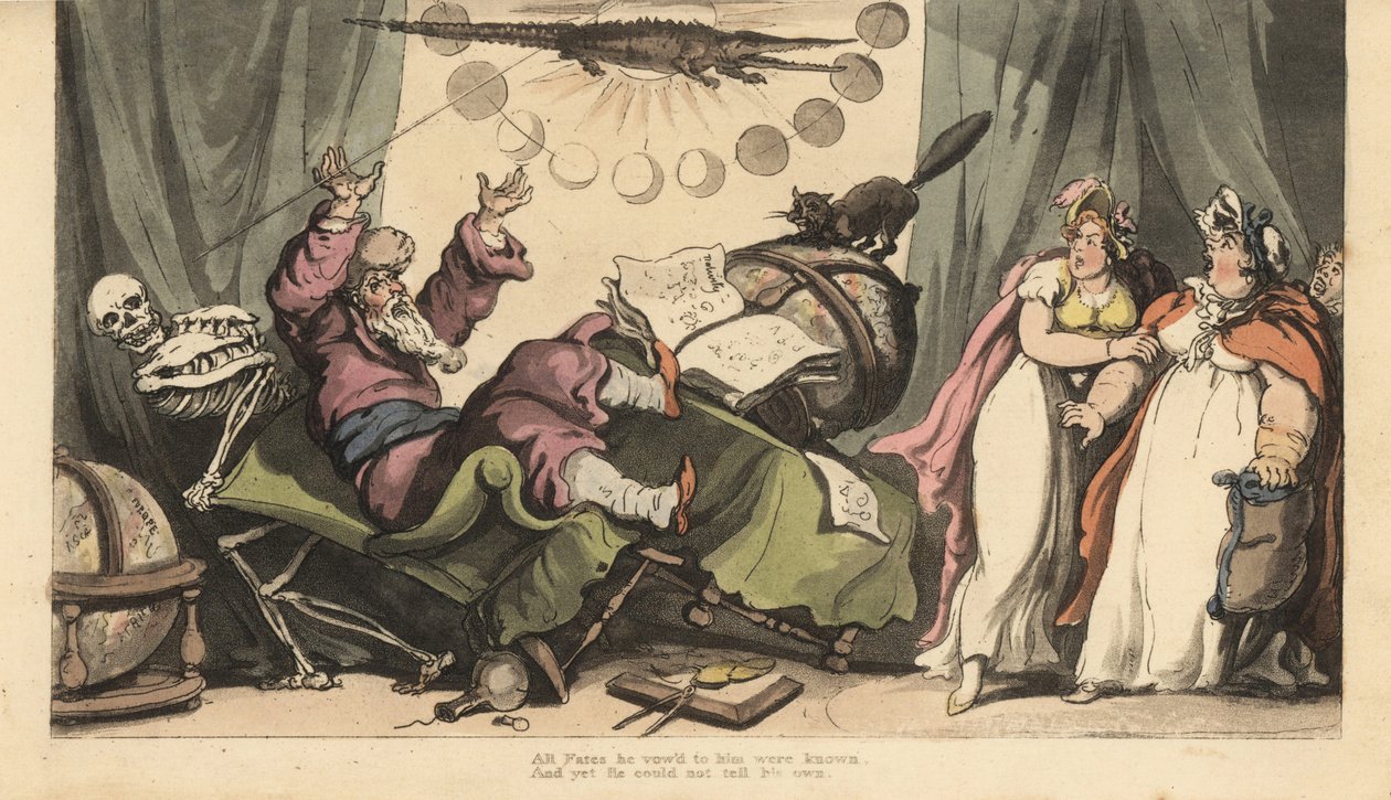 O esqueleto da Morte vem para o Fortune Teller em seu quarto decorado com globos planetários, livros de astrologia e crocodilos. Duas clientes assistem aterrorizadas. Placa de cobre colorida à mão desenhada e gravada por Thomas Rowlandson de The English Da de Thomas Rowlandson