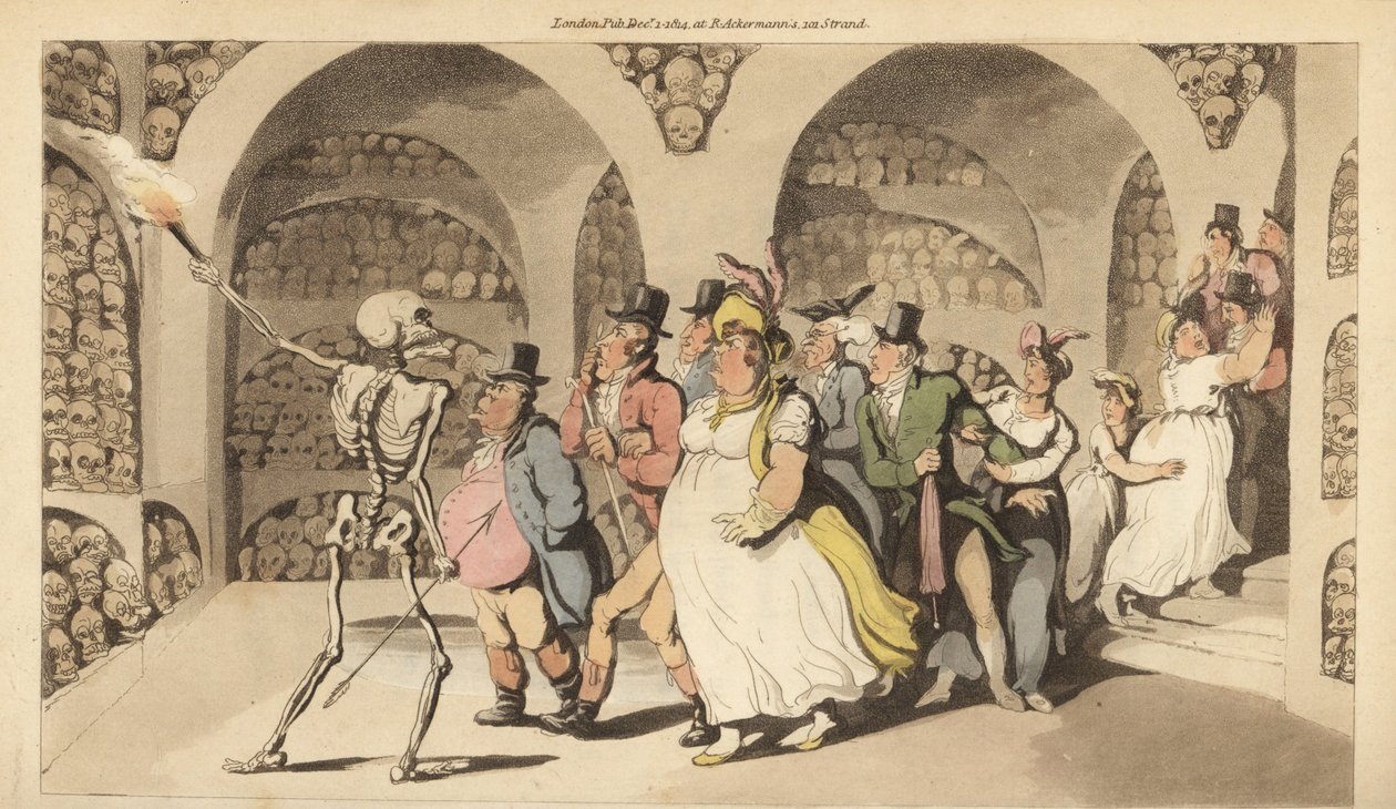 O esqueleto da Morte guia um grupo de turistas através das Catacumbas em Paris. Placa de cobre colorida à mão desenhada e gravada por Thomas Rowlandson de The English Dance of Death, Ackermann, Londres de Thomas Rowlandson