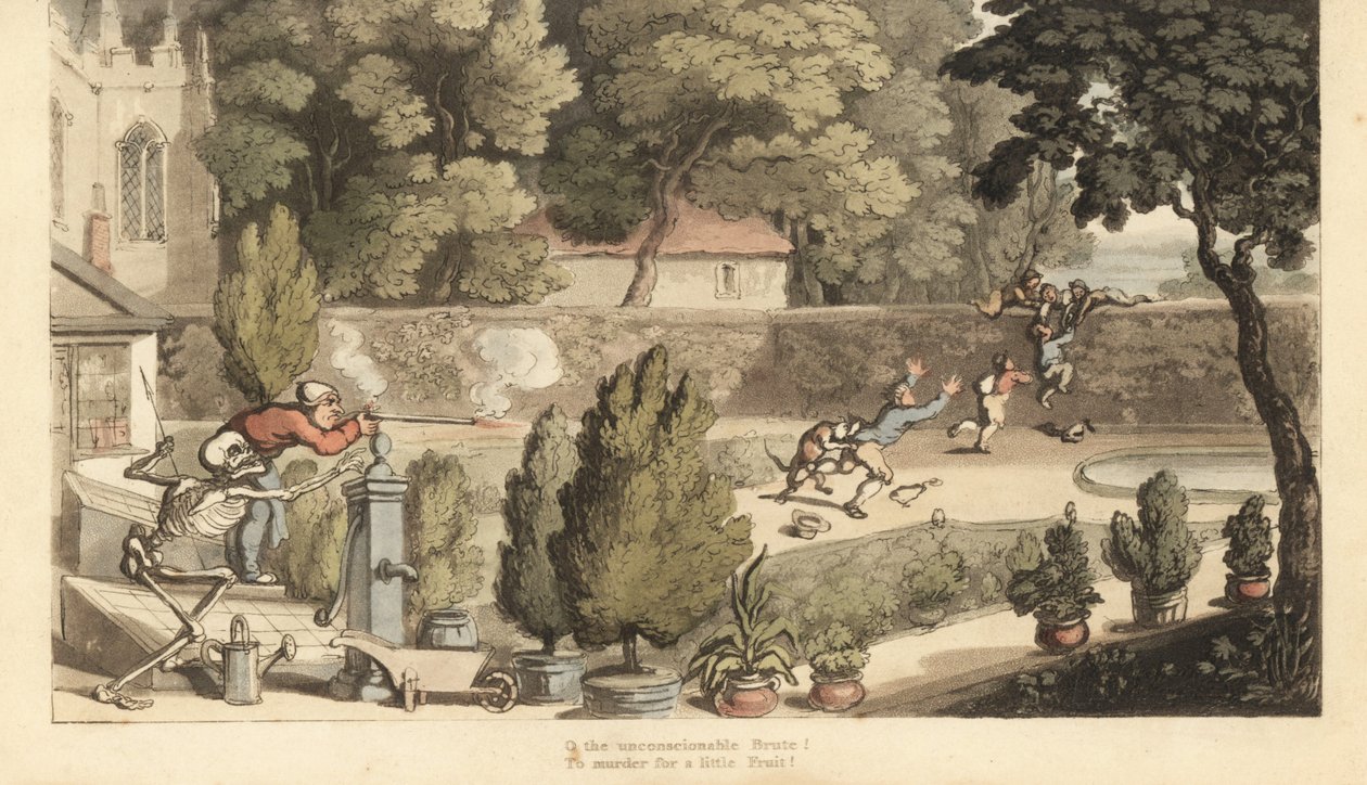 O esqueleto da Morte ajuda um proprietário de terras a apontar com um mosquete para os rapazes que estão a caçar no seu jardim, tentando fugir por cima de um muro. Placa de cobre colorida à mão desenhada e gravada por Thomas Rowlandson de The English Dance de Thomas Rowlandson