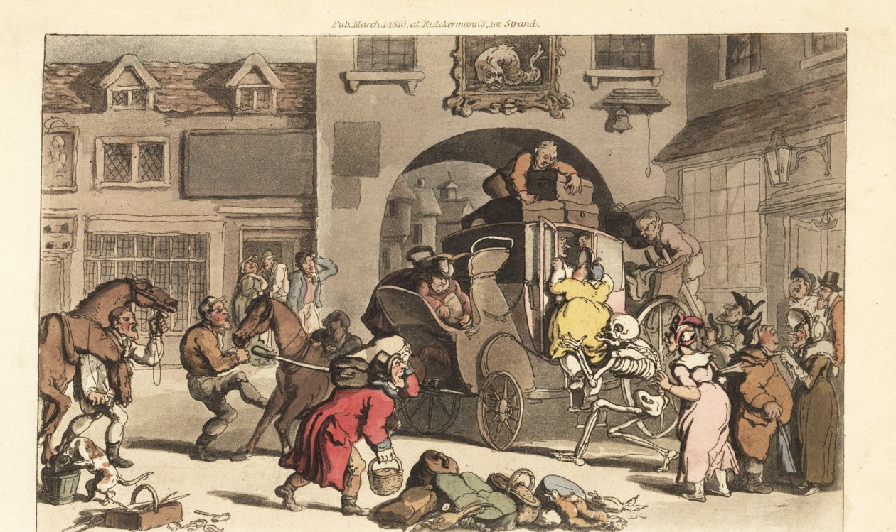 O esqueleto da Morte ajuda uma grande matrona a entrar na última fase fatal. Placa de cobre colorida à mão desenhada e gravada por Thomas Rowlandson de The English Dance of Death, Ackermann, Londres de Thomas Rowlandson