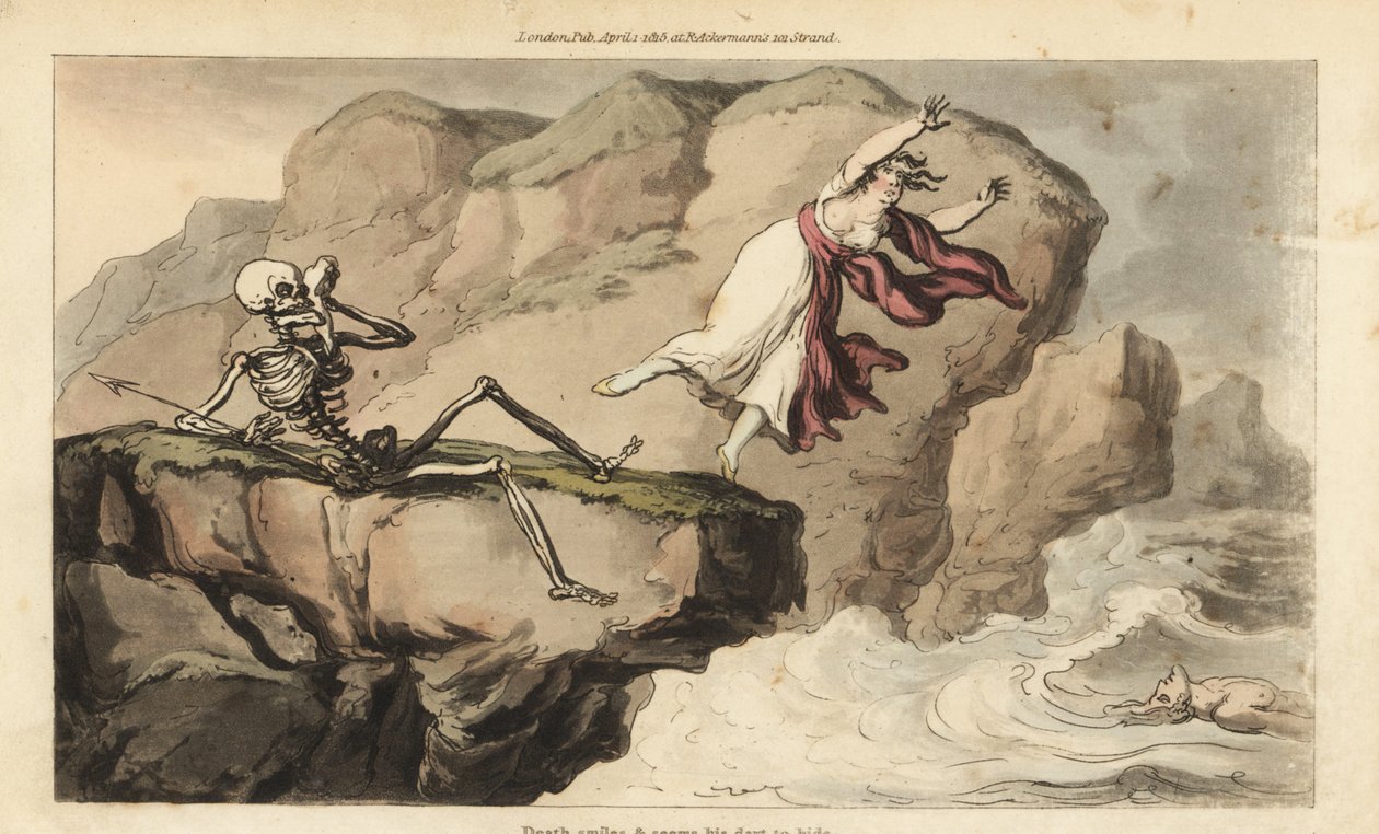 O esqueleto da Morte segura um lenço na sua órbita quando uma mulher se suicida de um penhasco para se juntar ao seu amante afogado. Placa de cobre colorida à mão desenhada e gravada por Thomas Rowlandson de The English Dance of Death, Ackermann, Londres. de Thomas Rowlandson