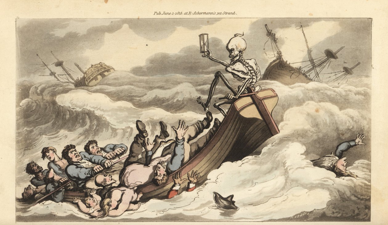 O esqueleto da Morte segura o leme num barco a remos que foge de um naufrágio, enquanto a sua tripulação deserta rema para a costa e os passageiros se afogam nas ondas. Placa de cobre colorida à mão desenhada e gravada por Thomas Rowlandson de The English  de Thomas Rowlandson