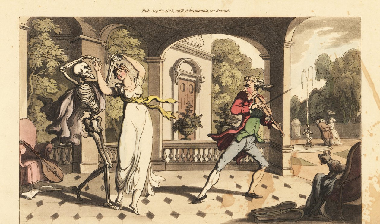 O esqueleto da Morte em uma capa dança uma valsa final com a frágil Caelia, enquanto seu tutor de dança parece atemorizado. Placa de cobre colorida à mão desenhada e gravada por Thomas Rowlandson de The English Dance of Death, Ackermann, Londres. de Thomas Rowlandson