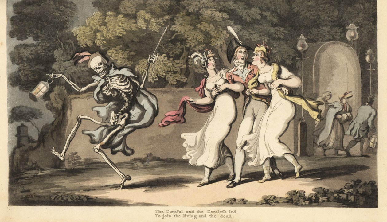 O esqueleto da Morte em capa e boné dança com uma lanterna diante de um dandy em uniforme e duas belezas em vestidos de musselina e xales. O Descuidado e Cuidado. Placa de cobre colorida à mão desenhada e gravada por Thomas Rowlandson de The English Dance  de Thomas Rowlandson