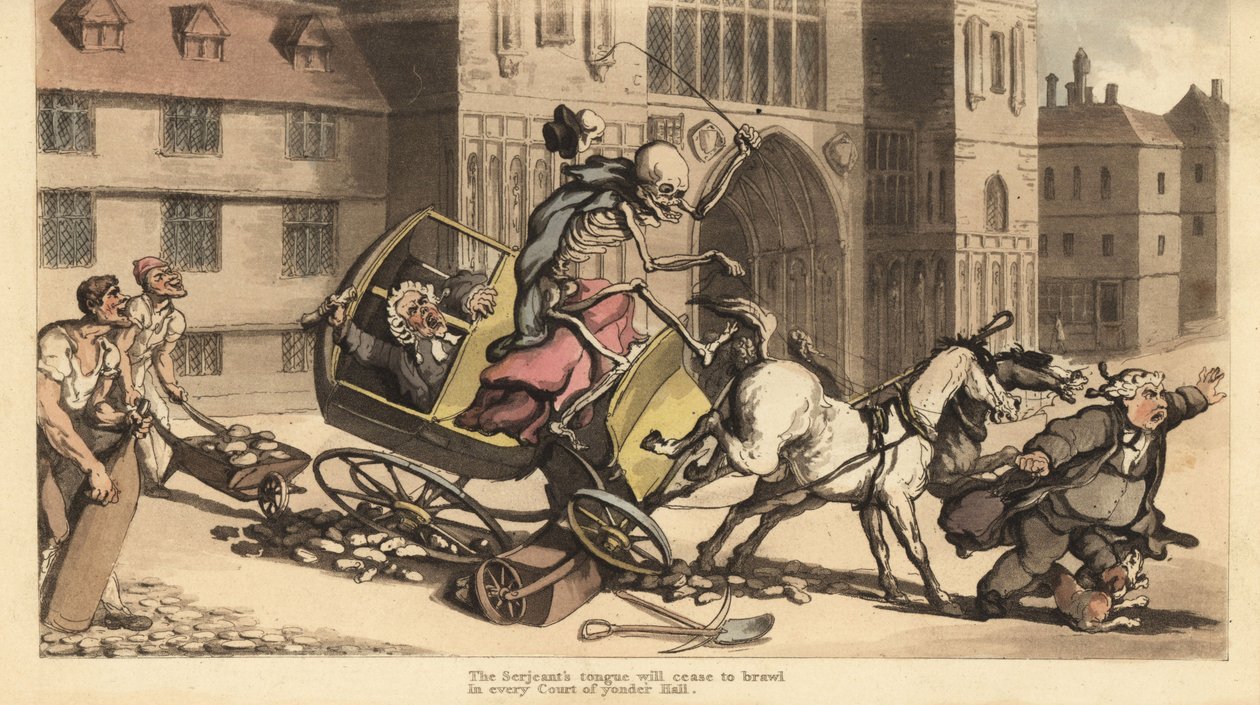 O esqueleto da Morte com capa e boné conduz uma carruagem de dois cavalos enquanto embate na estrada matando o seu passageiro, um oficial de justiça. Placa de cobre colorida à mão desenhada e gravada por Thomas Rowlandson de The English Dance of Death, Ack de Thomas Rowlandson