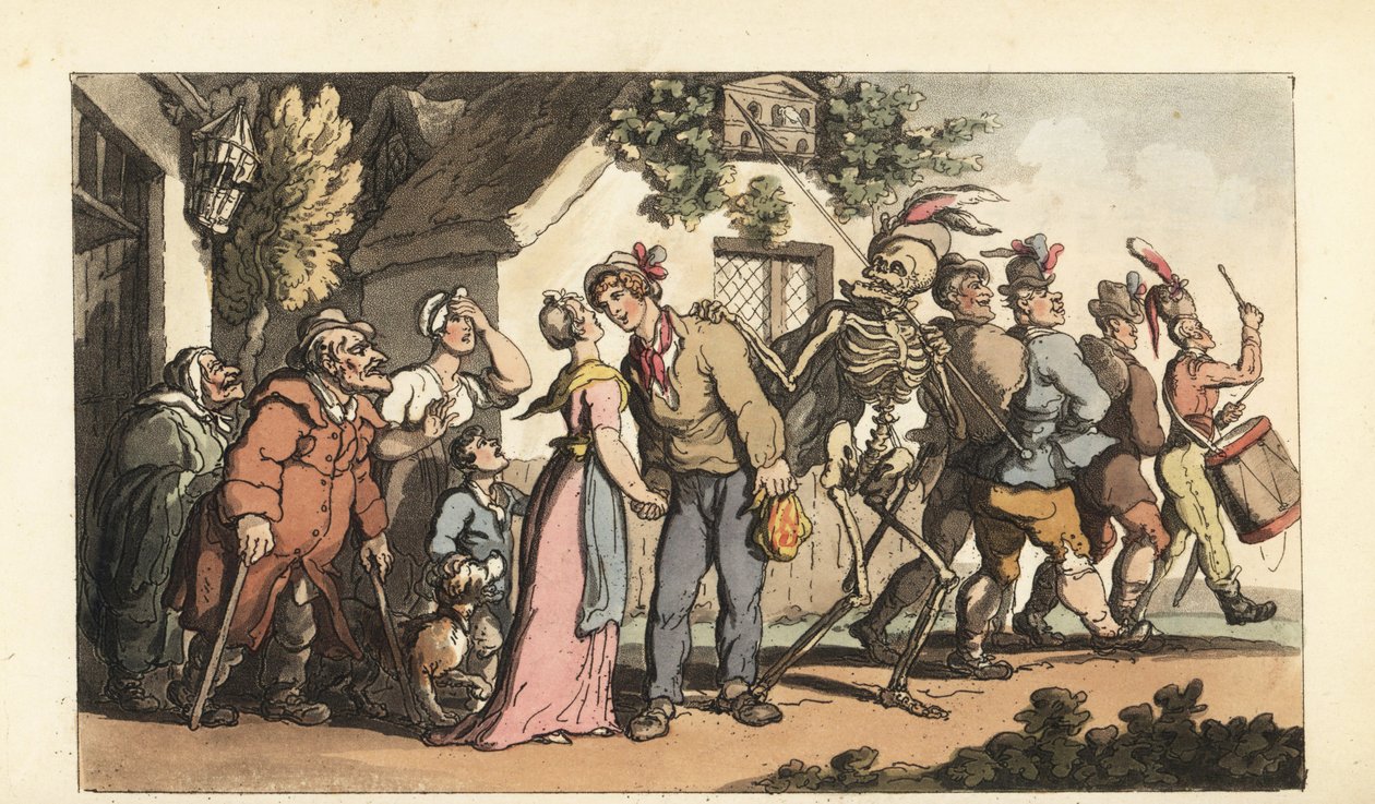 O esqueleto da Morte leva um jovem Recruta a ingressar no Exército, deixando para trás sua garota e sua família. Placa de cobre colorida à mão desenhada e gravada por Thomas Rowlandson de The English Dance of Death, Ackermann, Londres de Thomas Rowlandson
