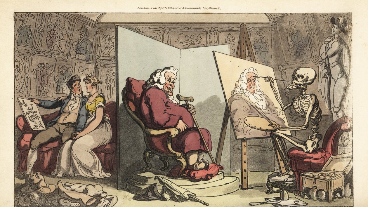 O esqueleto da Morte pinta um retrato de um vereador, enquanto a sua jovem criada flerta com um galante artista atrás da tela. Placa de cobre colorida à mão, desenhada e gravada por Thomas Rowlandson de The English Dance of Death, Ackermann, Londres. de Thomas Rowlandson