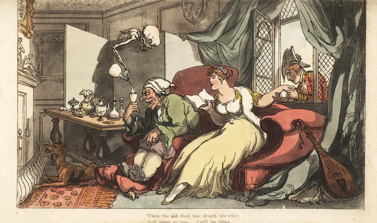 O esqueleto da Morte derrama um copo de vinho fatal para o velho tolo Sir Peter em sua lua-de-mel, enquanto sua jovem esposa Julia flerta com o Major Henry na janela. Chapa de cobre colorida à mão desenhada e gravada por Thomas Rowlandson de The English Da de Thomas Rowlandson