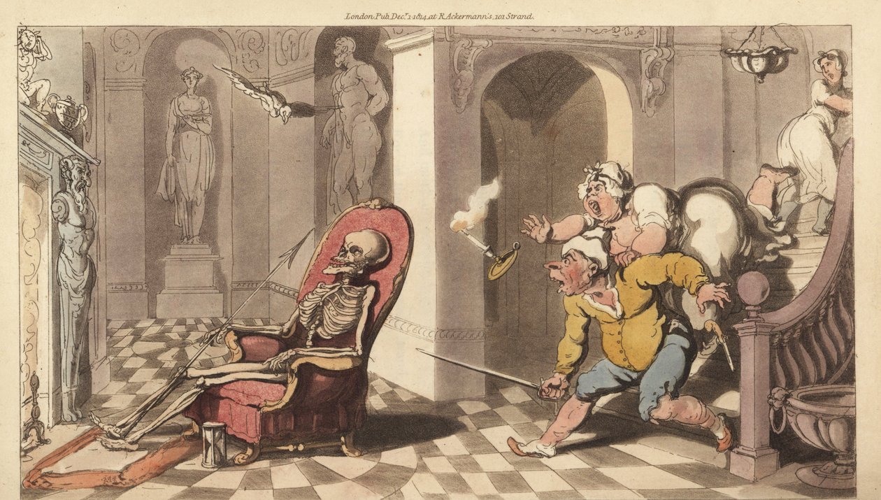 O esqueleto da Morte senta-se na cadeira do porteiro de uma grande casa, enquanto os criados aterrorizados descem as escadas para investigar. Placa de cobre colorida à mão desenhada e gravada por Thomas Rowlandson de The English Dance of Death, Ackermann,  de Thomas Rowlandson