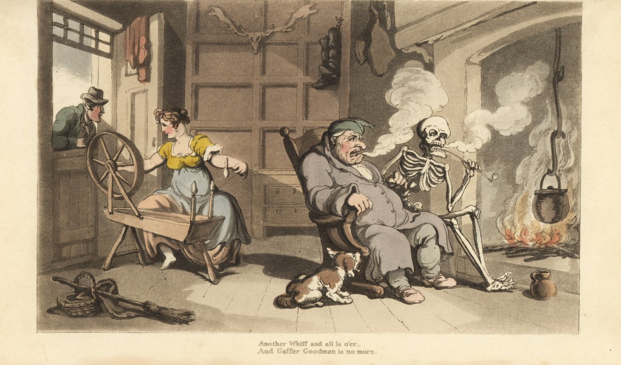O esqueleto da Morte fuma um cachimbo à lareira com o velho Gaffer Goodman, enquanto a sua jovem esposa é seduzida por um pretendente à janela. Chapa de cobre colorida à mão desenhada e gravada por Thomas Rowlandson de The English Dance of Death, Ackermann de Thomas Rowlandson