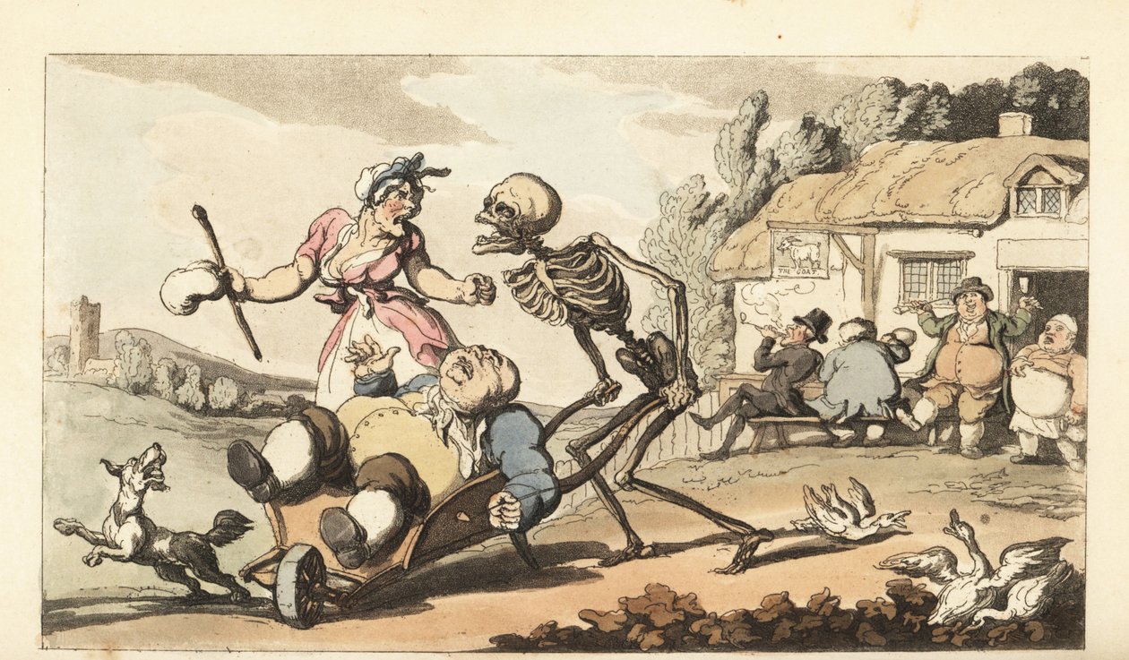 O esqueleto da Morte tira o bêbado Sot em um carrinho de mão, enquanto outros bêbados se alegram em frente ao The Goat pub. Placa de cobre colorida à mão desenhada e gravada por Thomas Rowlandson de The English Dance of Death, Ackermann, Londres de Thomas Rowlandson
