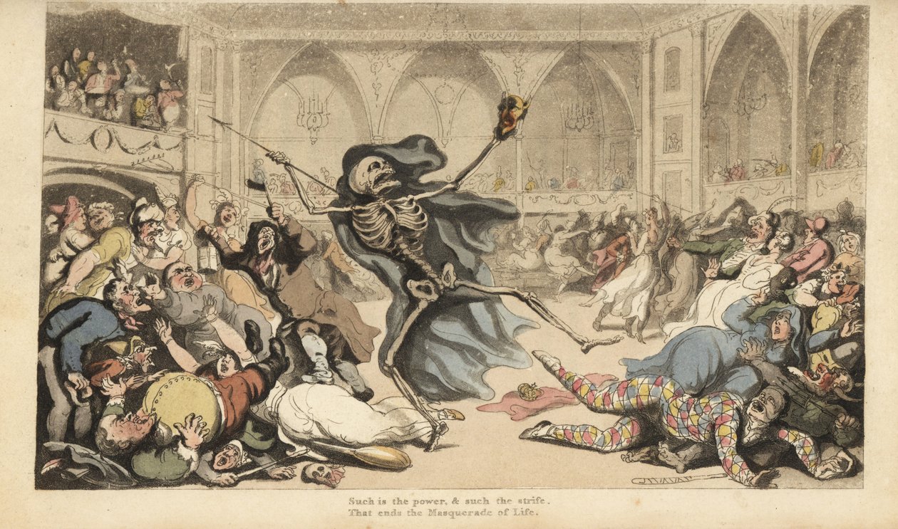O esqueleto da Morte com seu dardo causa um motim entre os arlequins, jockeys, freiras, turcos e tolos em um baile de máscaras. Placa de cobre colorida à mão desenhada e gravada por Thomas Rowlandson de The English Dance of Death, Ackermann, Londres. de Thomas Rowlandson