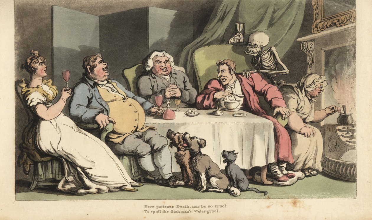 O esqueleto da Morte com ampulheta vem para o homem doente enquanto ele come papa papa na mesa de jantar com os seus companheiros de bebedeiras em frente à lareira. Chapa de cobre colorida à mão desenhada e gravada por Thomas Rowlandson de The English Danc de Thomas Rowlandson