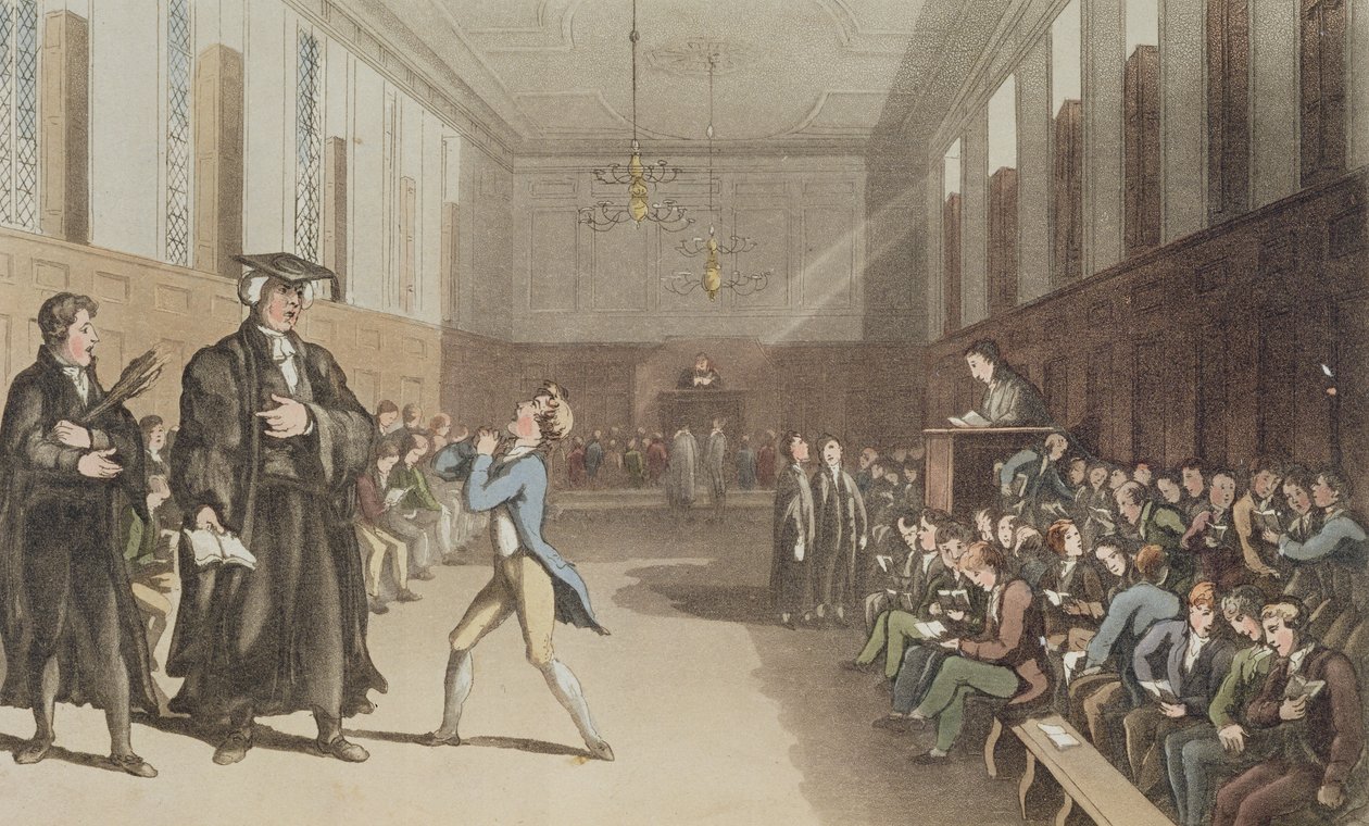 O severo preceptor, com seu aceno ameaçador, pede na sábia correção da vara, de A Compendious Treatise on Modern Education, 1802 (placa gravada colorida à mão) de Thomas Rowlandson