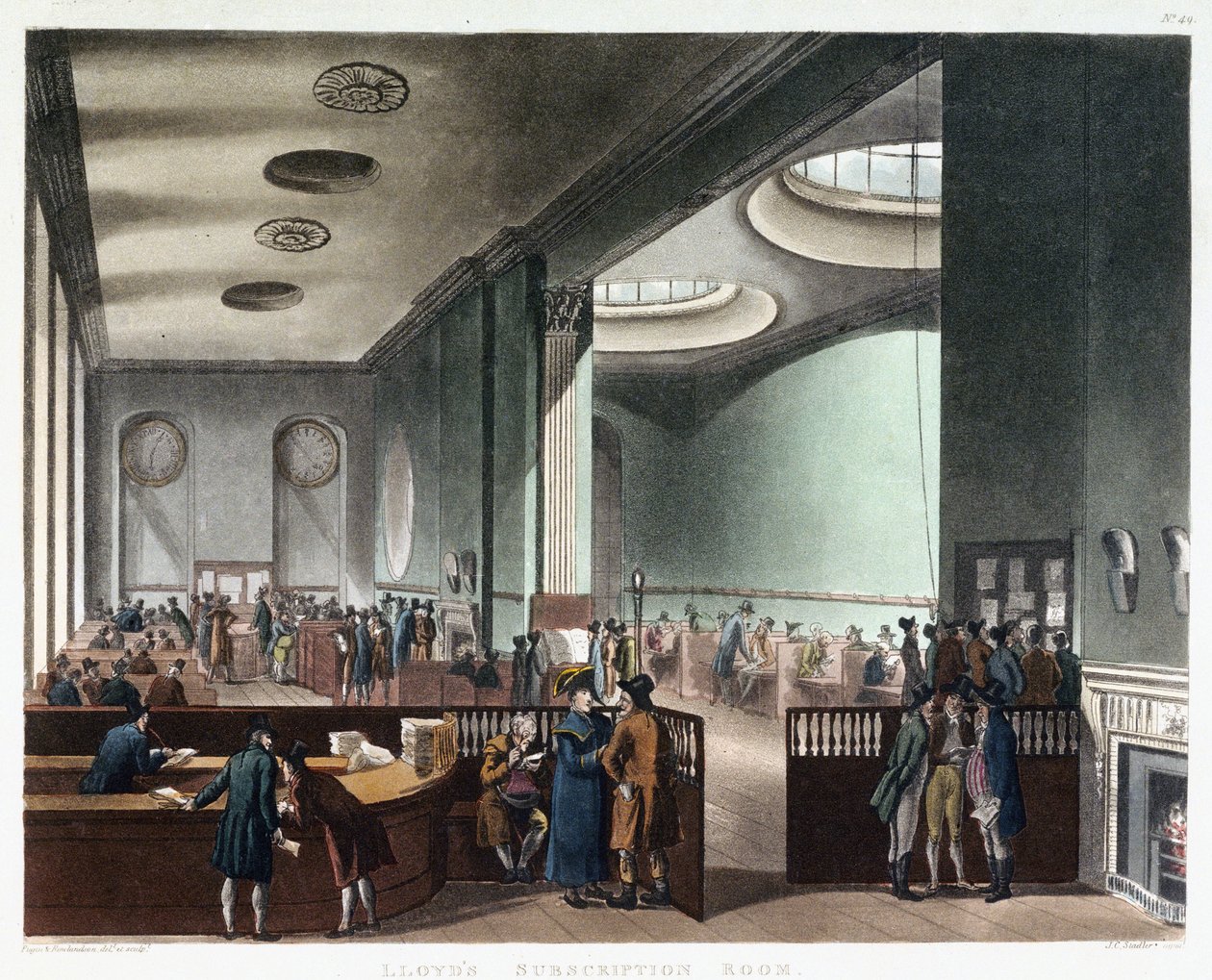 A sala de subscrição da Lloyd of London, uma companhia de seguros que iniciou a sua atividade no café de Edward Lloyd (falecido em 1713), na Tower Street, em Londres, Inglaterra, no século XVII de Thomas Rowlandson