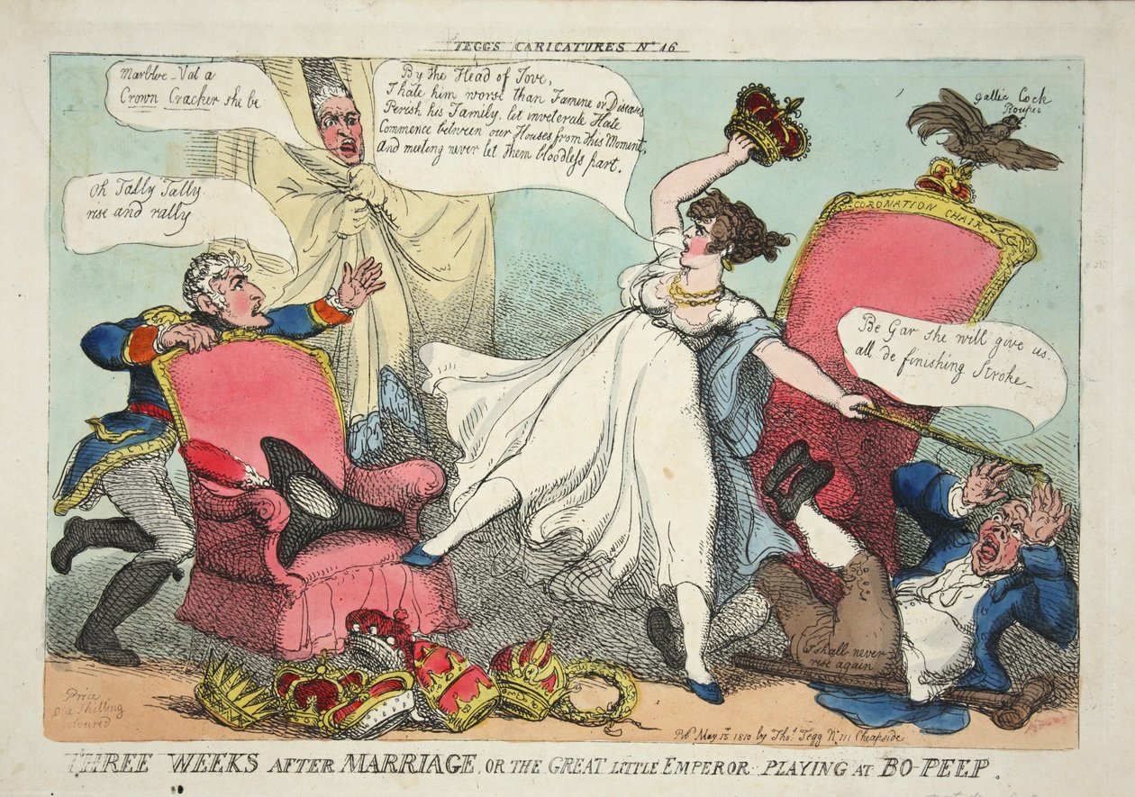 Três semanas após o casamento, ou o grande imperador jogando Bo-Peep, pub. 1810 (gravura colorida à mão) de Thomas Rowlandson