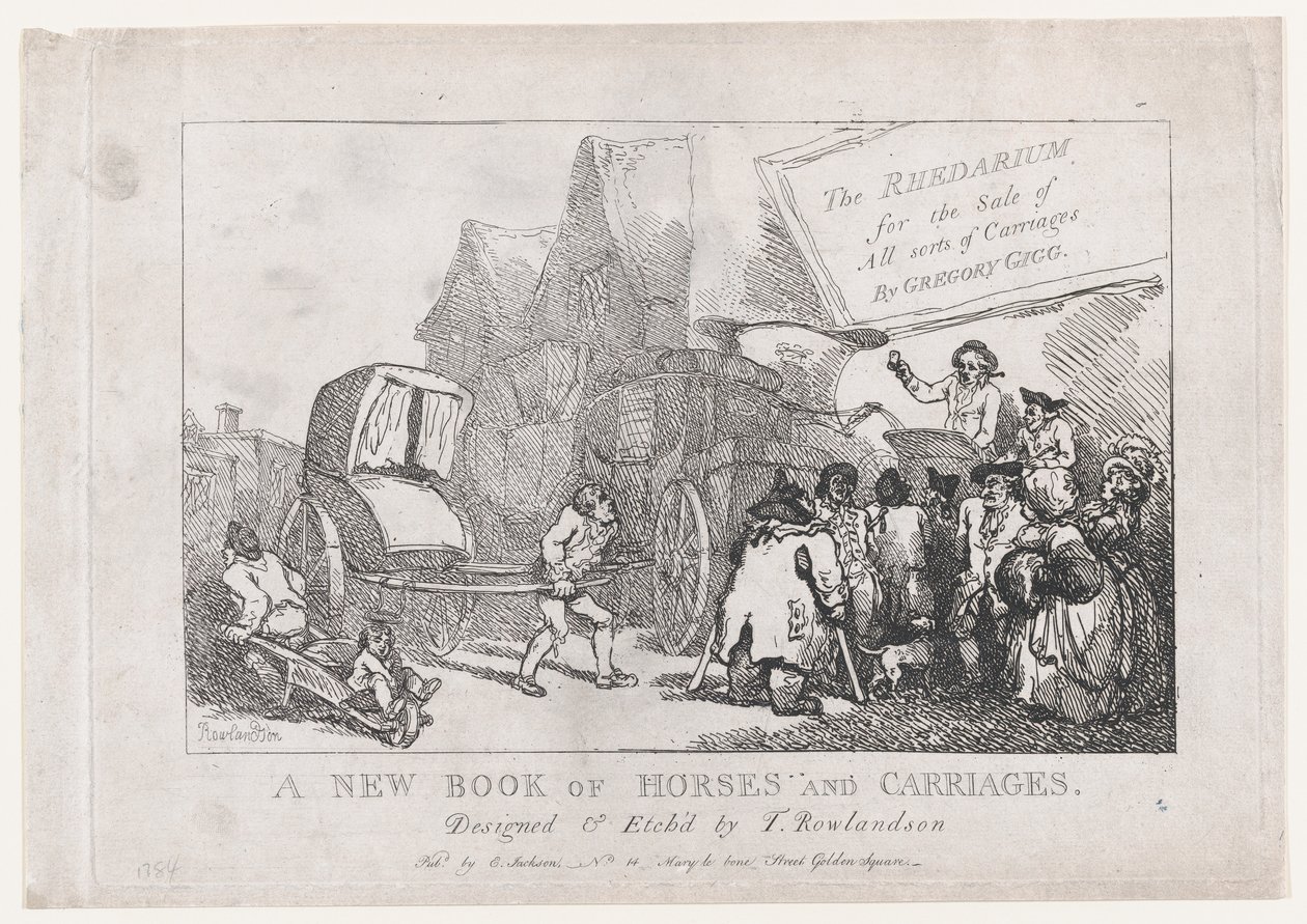 Página de rosto: Um novo livro de cavalos e carruagens, ou, o Rhedarium para a venda de todos os tipos..., 1784. de Thomas Rowlandson