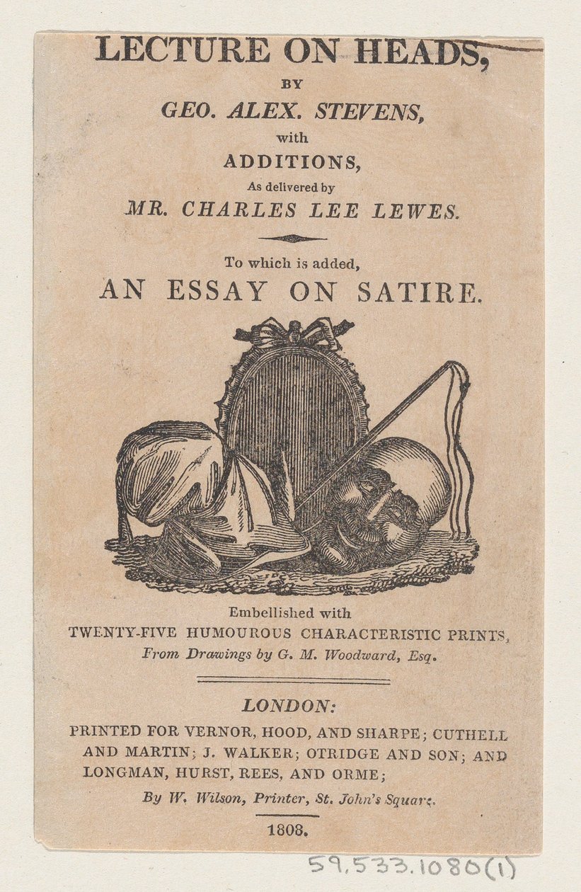Página de rosto, de A Lecture on Heads por George Alexander Stevens, abril de 1808., abril de 1808. de Thomas Rowlandson