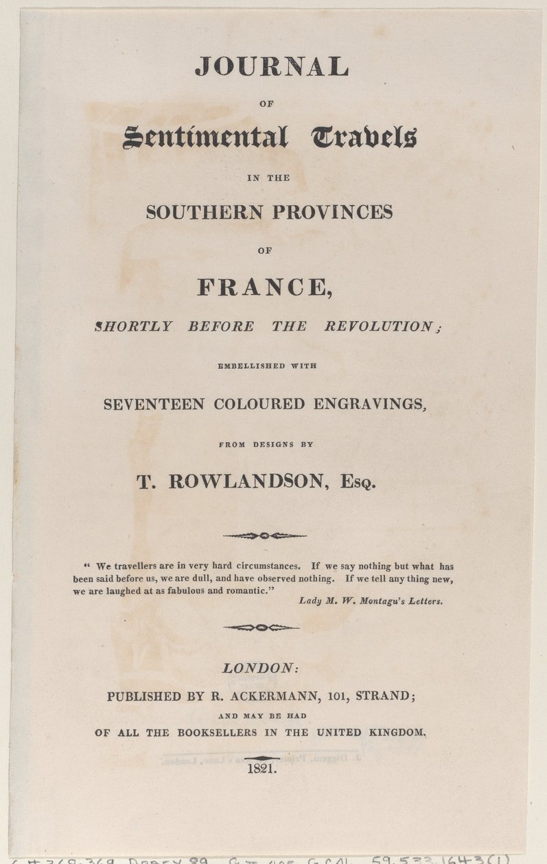 Página de rosto, do Journal of Sentimental Travels in the Southern Provinces of France, Shor..., 1821. de Thomas Rowlandson