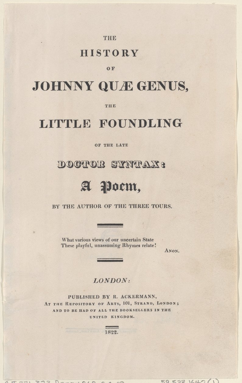 Página de rosto, de The History of Johnny Quae Genus, The Little Foundling of the Late Doctor..., 1822. de Thomas Rowlandson