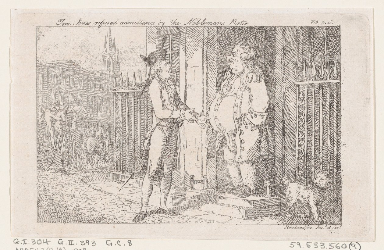 Tom Jones recusou a admissão pelo Porteiro do Nobre, de The History of Tom Jones, a F..., 1792. de Thomas Rowlandson
