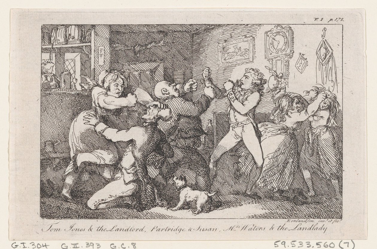 Tom Jones & the Landlord, Partridge & Susan, Mrs. Waters & the Landlady, de The History ..., 1792. de Thomas Rowlandson