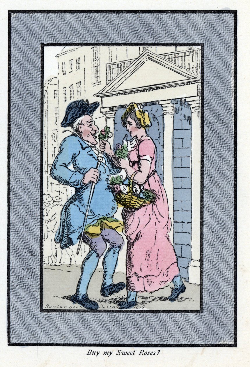Vendedor ambulante de flores, aproximando-se de um cavalheiro sorridente com um pequeno ramo de rosas (1819). Gravura em madeira, baseada numa pintura de Thomas Rowlandson (1756-1827), publicada em The Cris of London: com seis crianças encantadoras e quase de Thomas Rowlandson